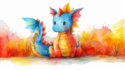 a watercolor painting of a blue and orange dragon sitting in front of a field of orange and yellow leaves.