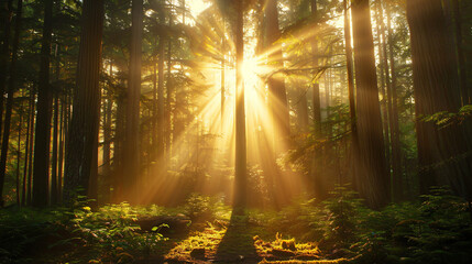The sunset rays of the sun shine through the trees in the coniferous forest. - obrazy, fototapety, plakaty