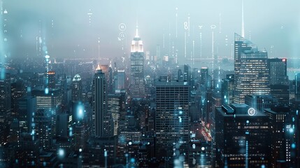 An image depicting a blurry immersive Internet of Things interface overlaying the New York City skyline.  - obrazy, fototapety, plakaty