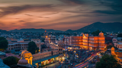 Twilight over Jaipur Cityscape, A dramatic sunset over Jaipur's historic architecture and lively streets
