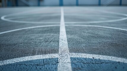 Empty Basketball Court. Close-Up of White and Gray Lined Flooring, Evoking Outdoor Scenes with Dark Gray and Blue Tones for Smooth Texture and Depth.