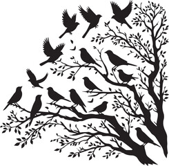 The Birds On A Tree Branch In The Spring Time Black Color Silhouette On White Background