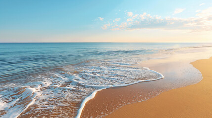 Serene Beach Scene at Sunrise, Gentle Waves and Soft Sandy Shore