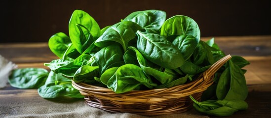 Fototapeta premium A basket filled with spinach leaves, a leaf vegetable, sits on a wooden table. Spinach is a popular ingredient in many dishes across cuisines