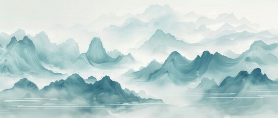 Fototapeta na wymiar Ancient Chinese Landscape Painting Featuring Traditional Style with Green Background and Blue