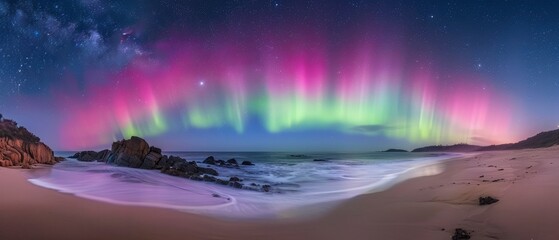 Aurora Australis. Spectacular Display of Vibrant Green and Pink Lights Painting the Night Sky Above an Australian Beach. Stars Twinkle as Waves Gently Caress the Rocky Shoreline.