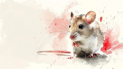a brown and white mouse sitting on top of a red and white floor next to a red and white wall.
