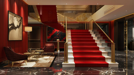 Constructing a staircase in rich ruby red, accented with polished brass handrails, for a luxurious...