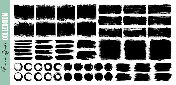 Grunge paint brush stroke, grungy frame, circle, watercolor splash and ink splatter ornament set for social media business template background. Vector torn or rip paper silhouette with dirty texture.