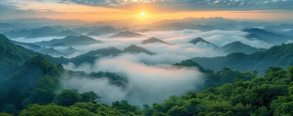 Fototapeta na wymiar Mystical Mountains. A Fairyland Veiled in Clouds and Mist.