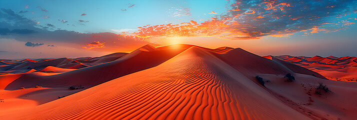 Sand dunes from Sahara desert at sunset in Morocco,
A desert sunset with a red sand dune in the foreground - obrazy, fototapety, plakaty