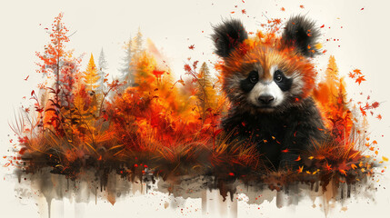 a painting of a black and white bear surrounded by red, orange and yellow leaves and trees in the background.