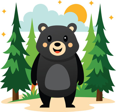 bear in the woods vector illustration t-shirt design, Cute cartoon bear character in woods, 