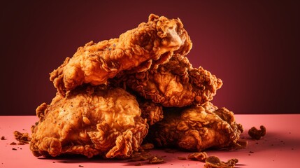 A heap of golden fried chicken pieces arranged on top of a soft pink tabletop - obrazy, fototapety, plakaty
