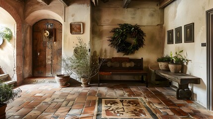 Tuscan Interior with Olive Wreath Adorning Wooden Doors and Potted Plants adorning a Rustic Bench