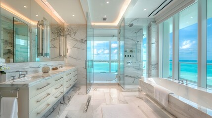 Fototapeta premium Ultraluxury Miami Mansion Bathroom with Marble Accents and Breathtaking Ocean View