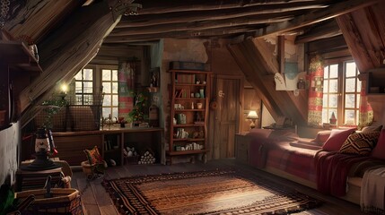 Warm Cottage Attic Medieval Fantasy Interior with Rustic Wooden Beams and Vintage Decor