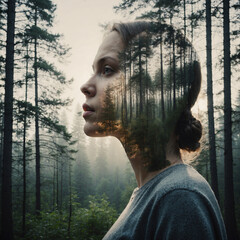 Double exposure of a woman's head with forest landscape in the background.