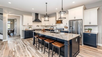 Elegant Modern Farmhouse Kitchen with Navy Island and Chic Lighting Boasting a Bright, Open Concept Layout