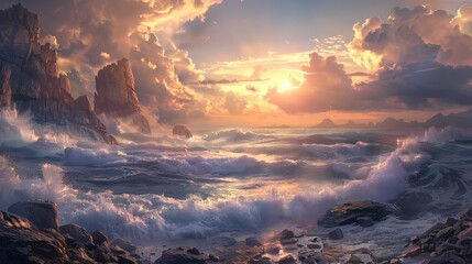 Ocean shore at sunrise with dramatic sky and big waves crashing into