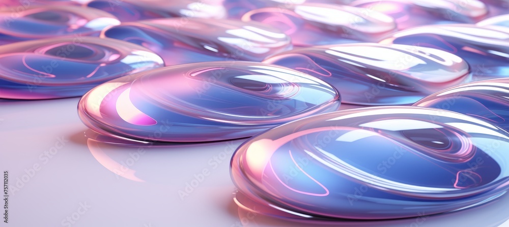 Poster vibrant holographic liquid orbs creating abstract background with metallic drops splashing