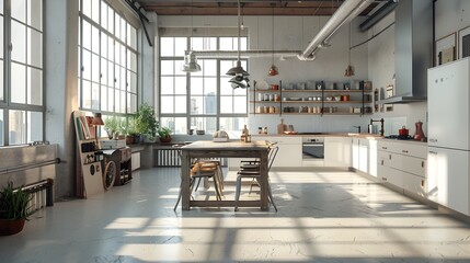 Fototapeta na wymiar Spacious Industrial Loft Apartment Open Concept Kitchen with Minimalist Decor and Luminous Ambiance