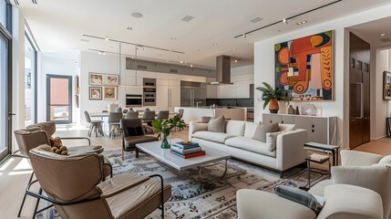 Spacious Modern Living Room with Open Kitchen and Neutral Color Palette in New York City