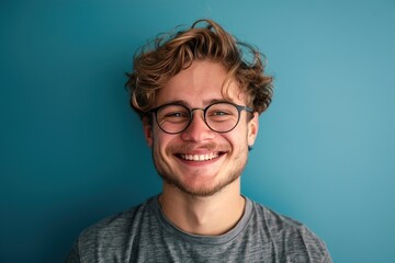 A man with glasses is smiling and looking at the camera