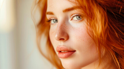 Fototapeta premium An exquisite close-up portrait highlighting the enchanting features of a young woman, including her ginger hair and impeccably healthy, freckled skin