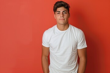A young man is standing in front of a red wall wearing a white shirt