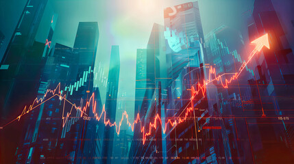 Financial Growth and City Skyline, Forex and Stock Market Analysis, Double Exposure Concept of Economic Development