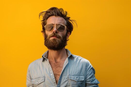 A man with a beard and sunglasses stands in front of a yellow wall