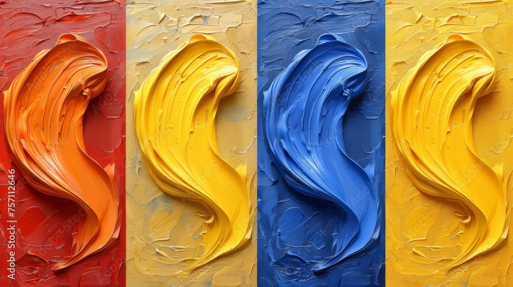 Poster a close up of three different colors of paint with different shapes and sizes of paint flowing down 