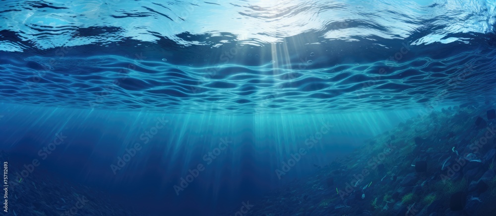 Poster the azure sun is shining through the liquid water in the underwater world, creating a mesmerizing di
