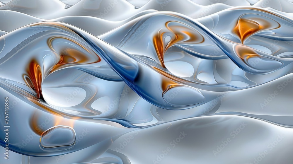 Poster a computer generated image of a wave of blue and orange liquid on a white surface with a wavy pattern in the middle of the image.