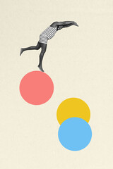 Creative 3d photo artwork graphics collage painting of funky funny guy diving jumping colorful balls isolated beige color background
