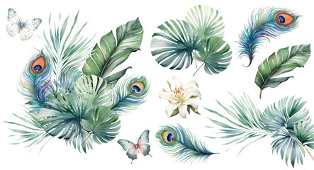 Watercolor tropical palm leaves bouquet with peacock feather © EvgeniiasArt