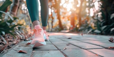 Runner athlete feet running. woman fitness sunrise jog workout wellness concept.