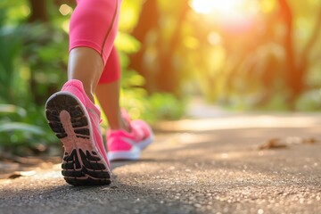 Runner athlete feet running on forest. woman fitness sunrise jog workout wellness concept.