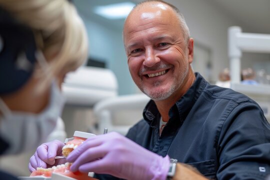 Dentist with a dental implant model providing professional dental care