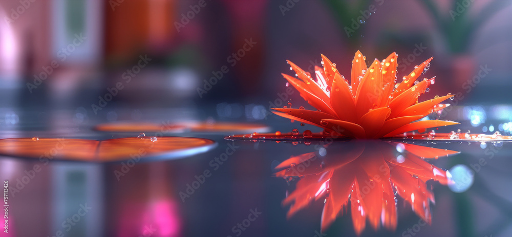 Poster a close up of a flower on a table with water droplets on the surface and a reflection of the flower 