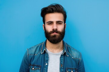 Fototapeta premium A man with a beard and a blue denim jacket is standing in front of a blue wall