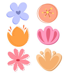 Colorful vector set depicting various flowers in pastel warm colors. Red, pink, orange, blue