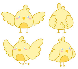 Colored vector set featuring cute chickens in various poses. With blush on the cheeks and blue eyes
