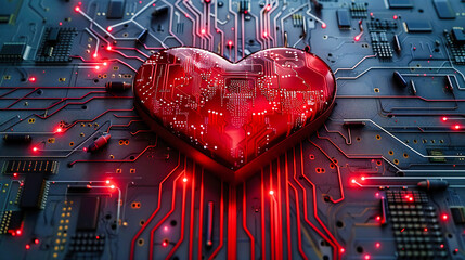 Creative concept merging technology and romance, visualizing a heart-shaped circuit board for a modern Valentines celebration