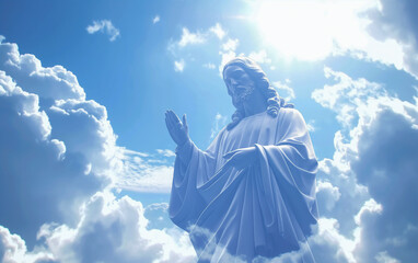 Huge sculpture of Jesus Christ in heaven among clouds. - obrazy, fototapety, plakaty
