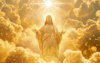 Golden shade background of Jesus Christ in heaven. Christ is risen. - obrazy, fototapety, plakaty