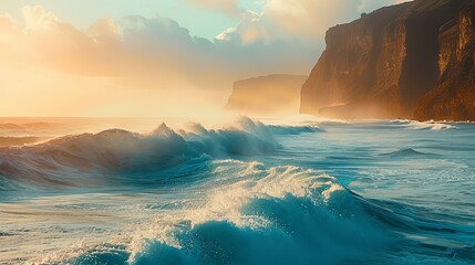 Landscape of ocean with cliff rocks hit by big waves at sunset