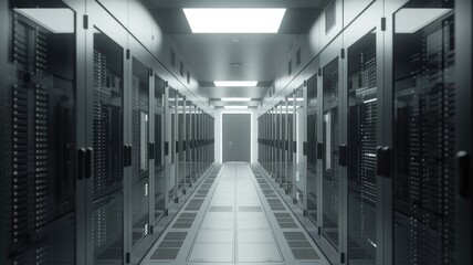 a server room interior within a bustling datacenter, where rows of racks house the intricate machinery that powers our digital world.