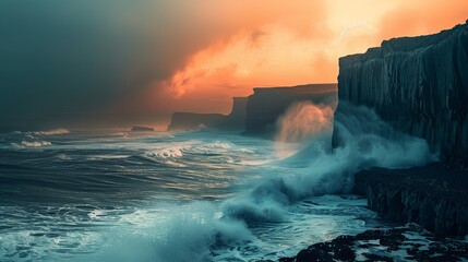 Landscape of ocean with cliff rocks hit by big waves at sunset